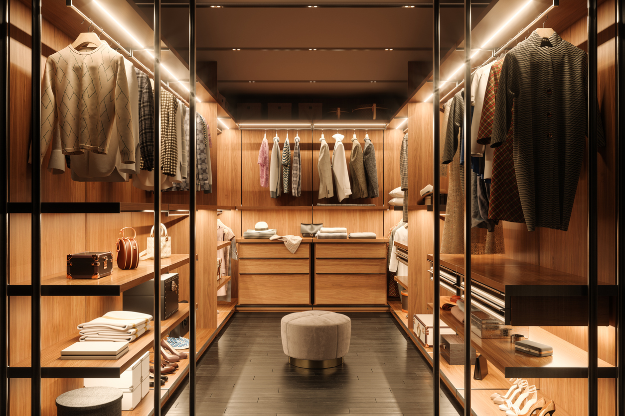 Dressing Room Interior With Shoes, Bags And Hanging Clothes Dressing Room Interior With Shoes, Bags And Hanging Clothes